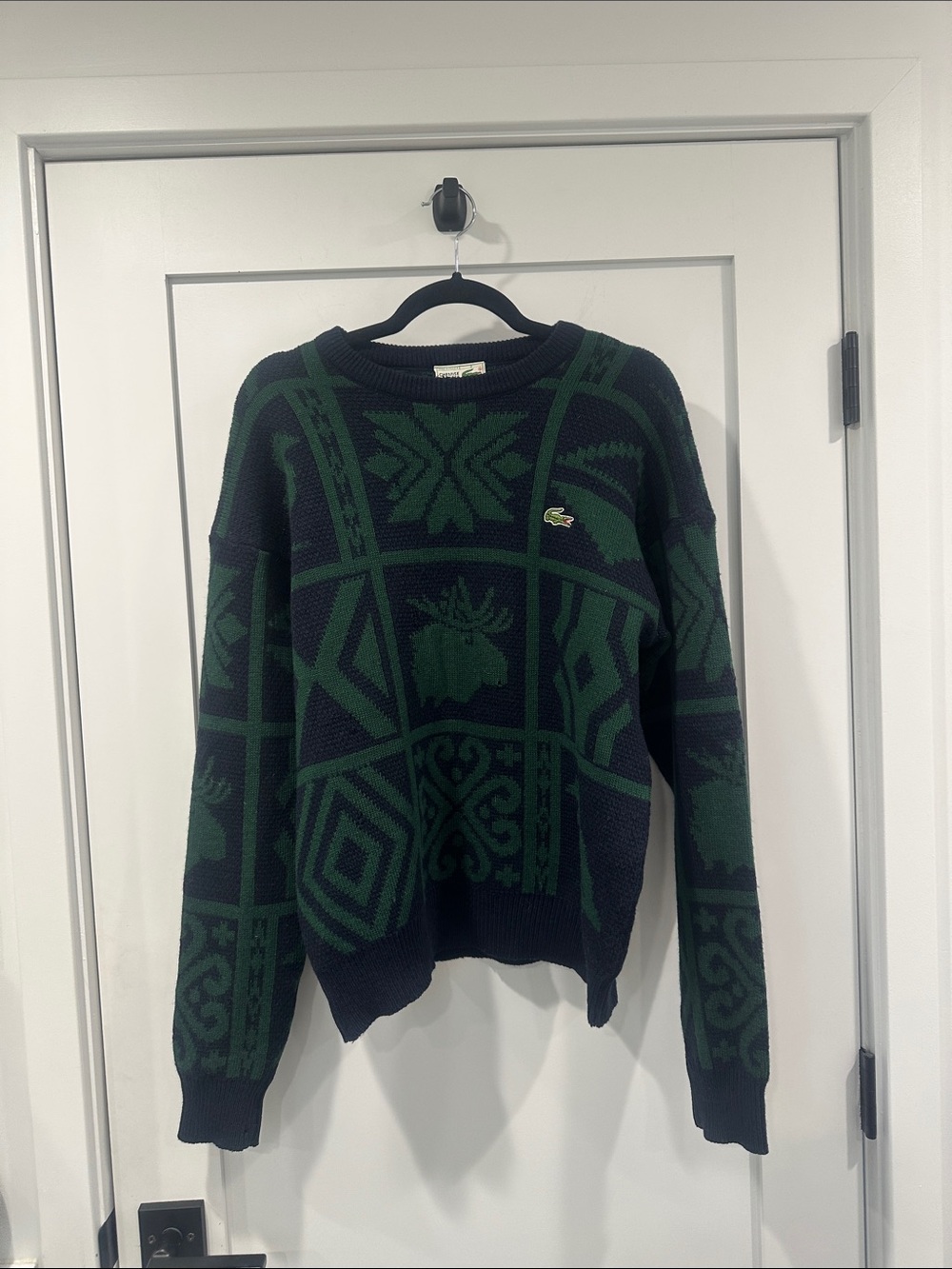 Lacoste Men’s Navy and Dark Green Crewneck Knit Sweater - Size 3